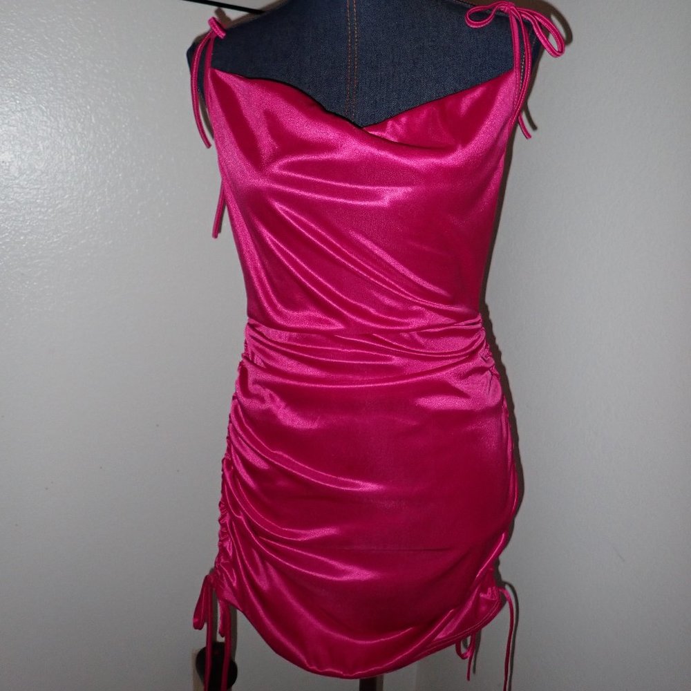 Hot pink, mini ruched bodycon dress